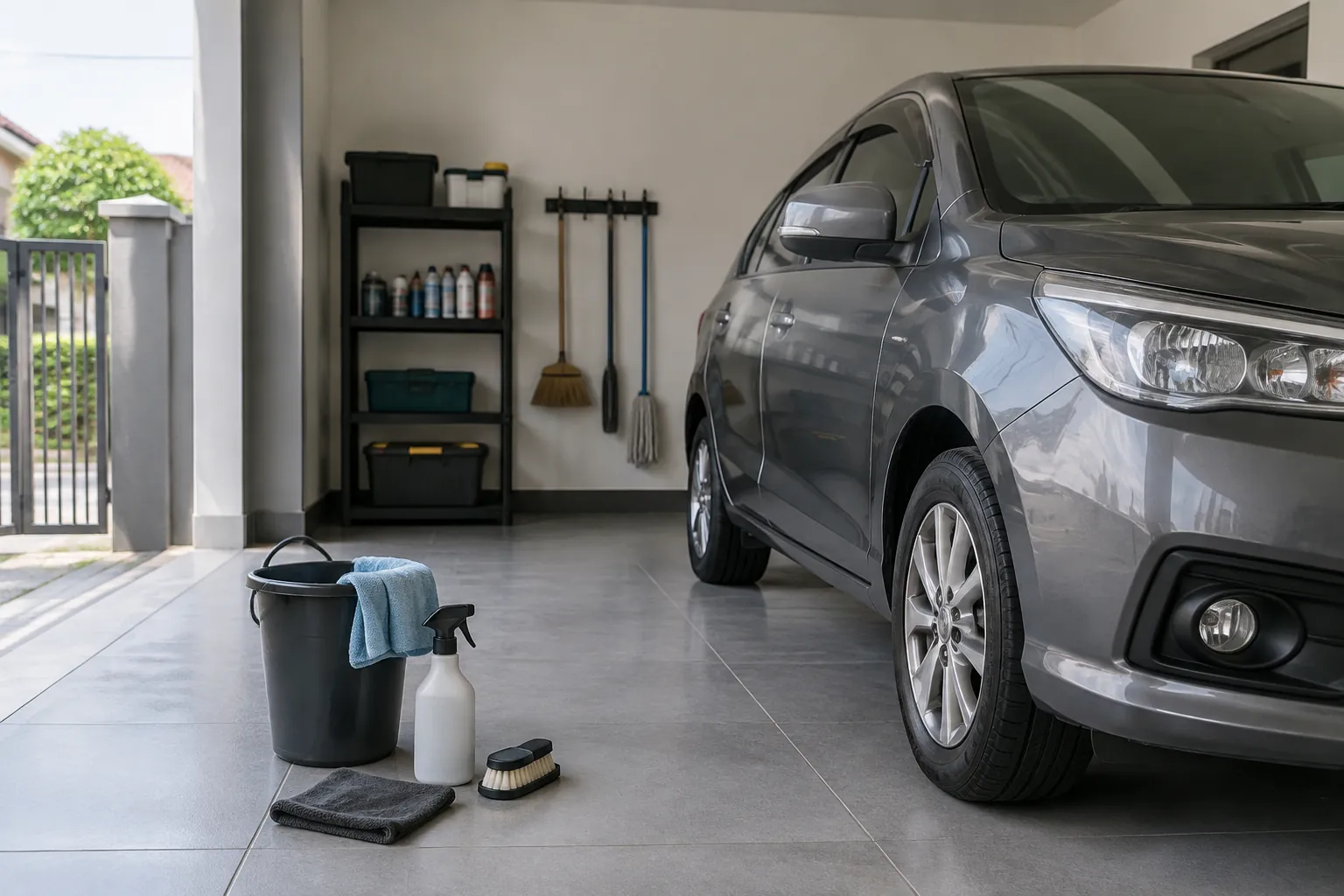 Mobil dan peralatan pembersihan di lantai garasi