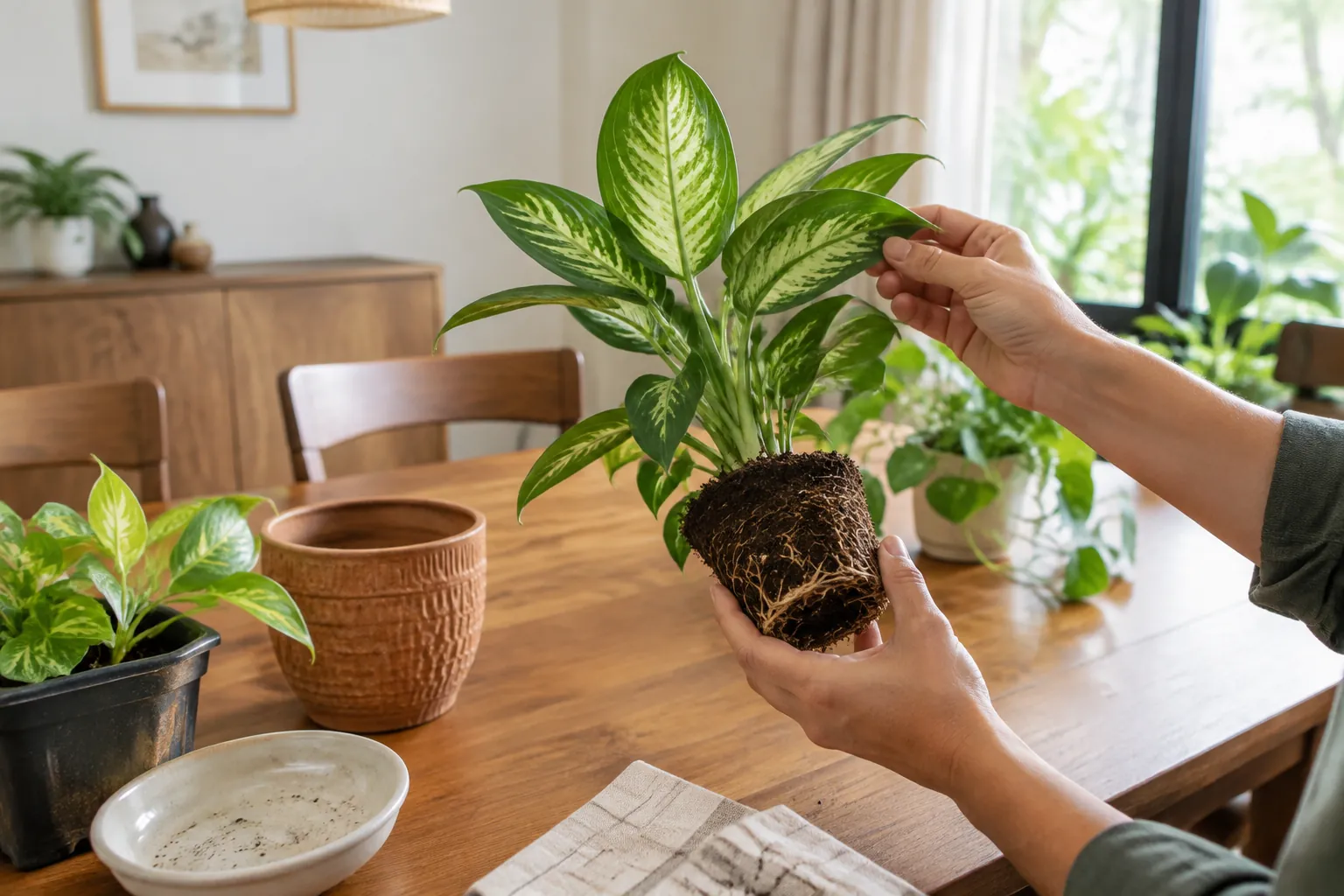 Akar tanaman hias diperiksa setelah dikeluarkan dari pot