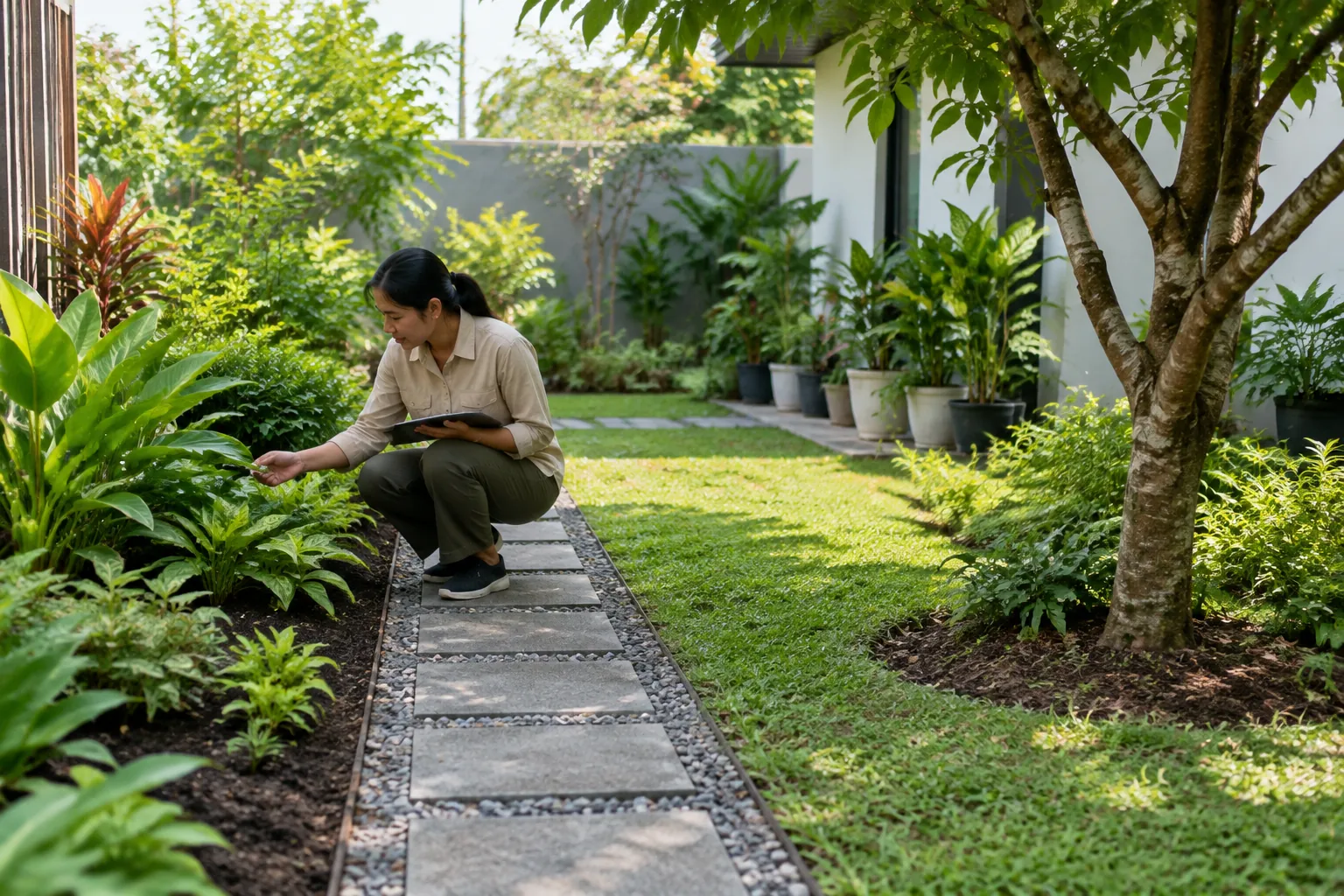 Penghuni mengamati tanaman pada taman rumah