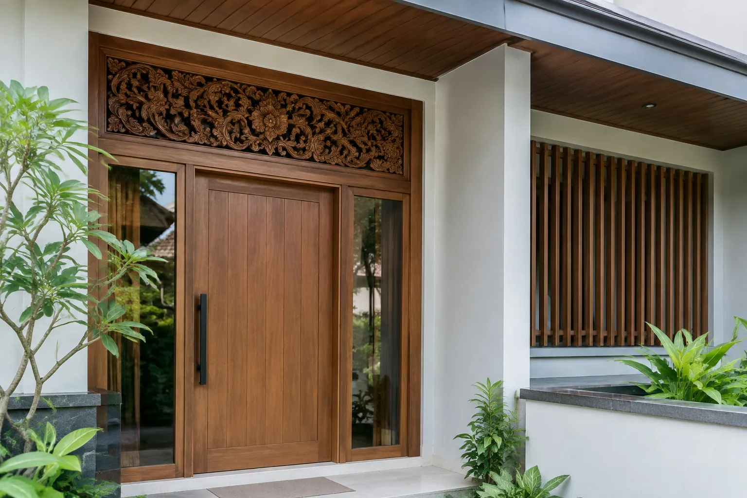Panel ukiran di atas pintu rumah dengan dinding sederhana