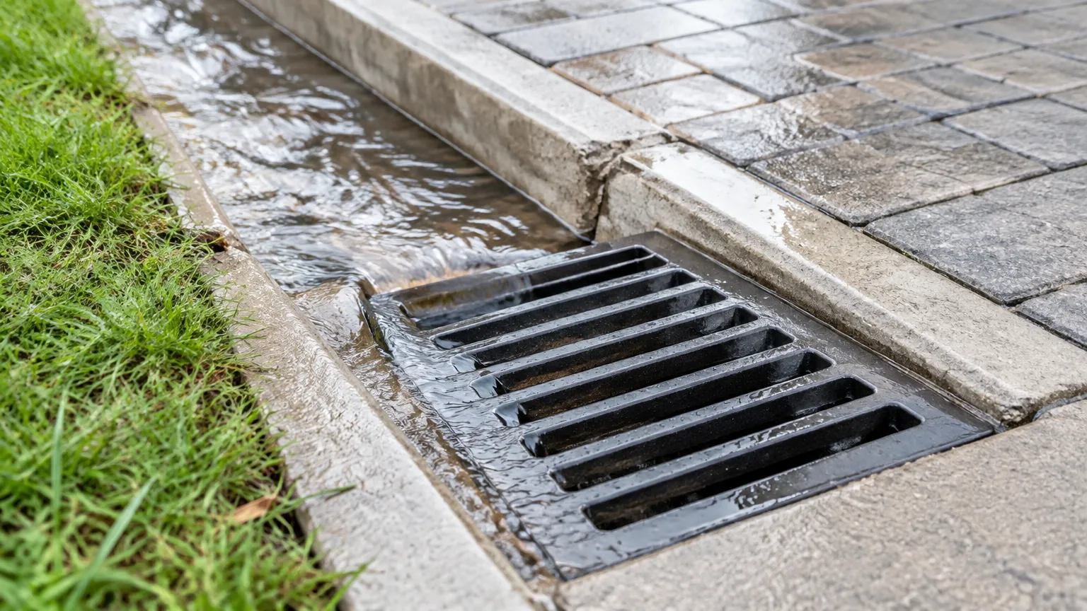 Kisi drainase lantai dengan air mengalir di tepinya