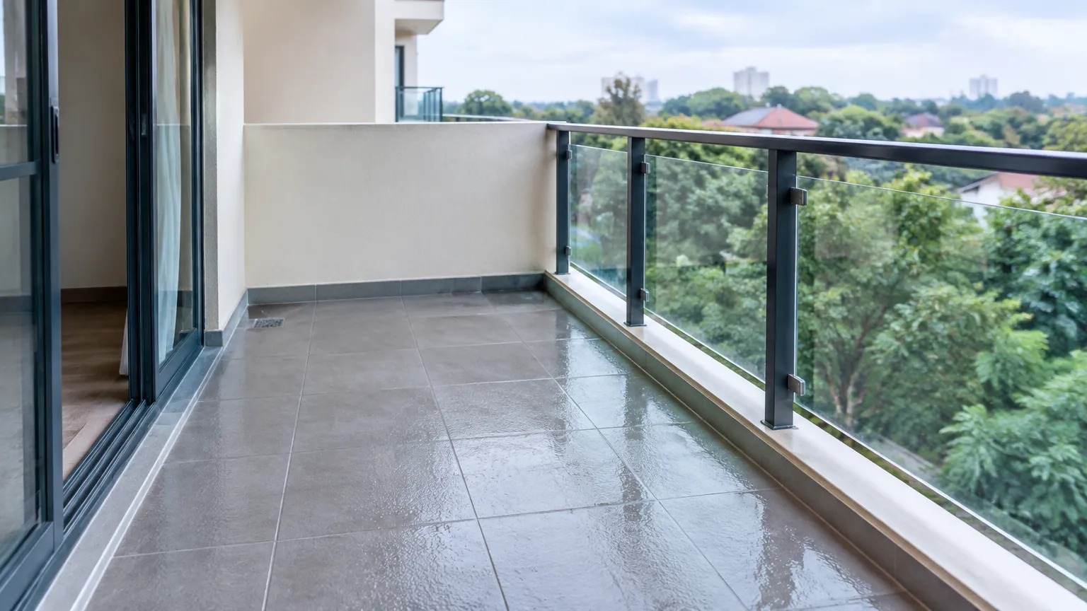 Lantai balkon basah di depan railing kaca