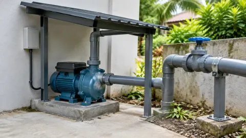 Pompa dan sambungan pipa pada sisi rumah