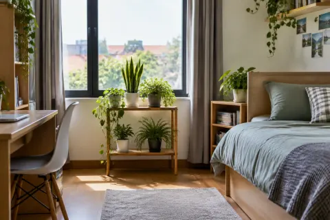 Tanaman pot dalam kamar remaja dekat jendela