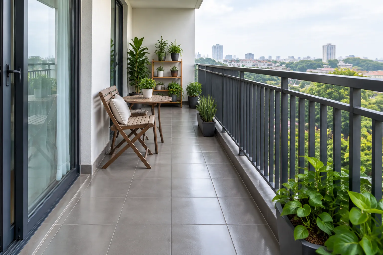 Balkon dengan lantai keramik dan pagar logam