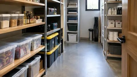 Lorong gudang dengan rak dan wadah penyimpanan