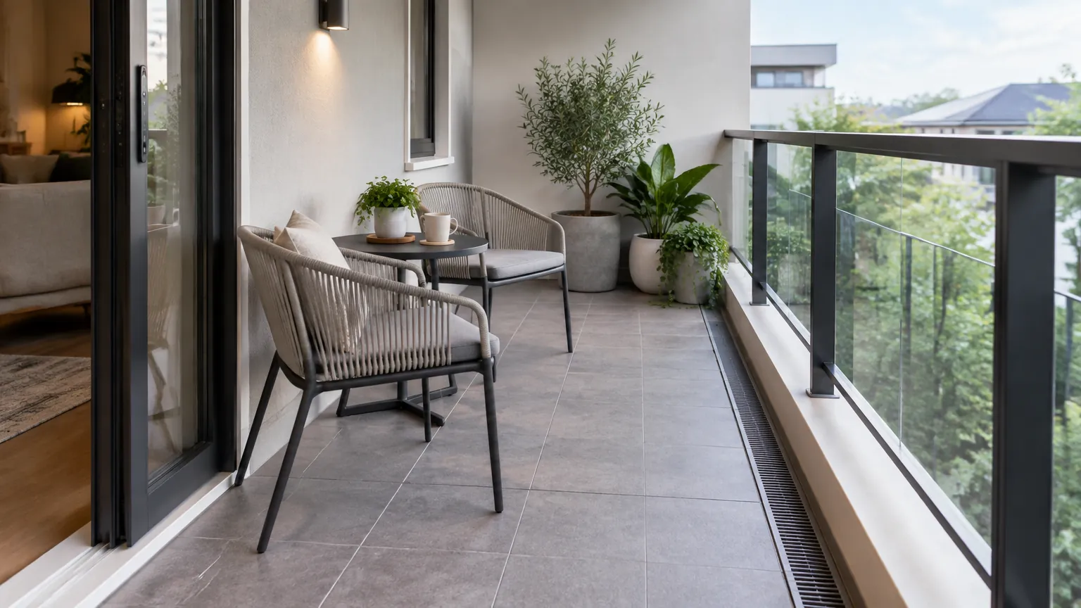 Balkon minimalis dengan kursi dan tanaman