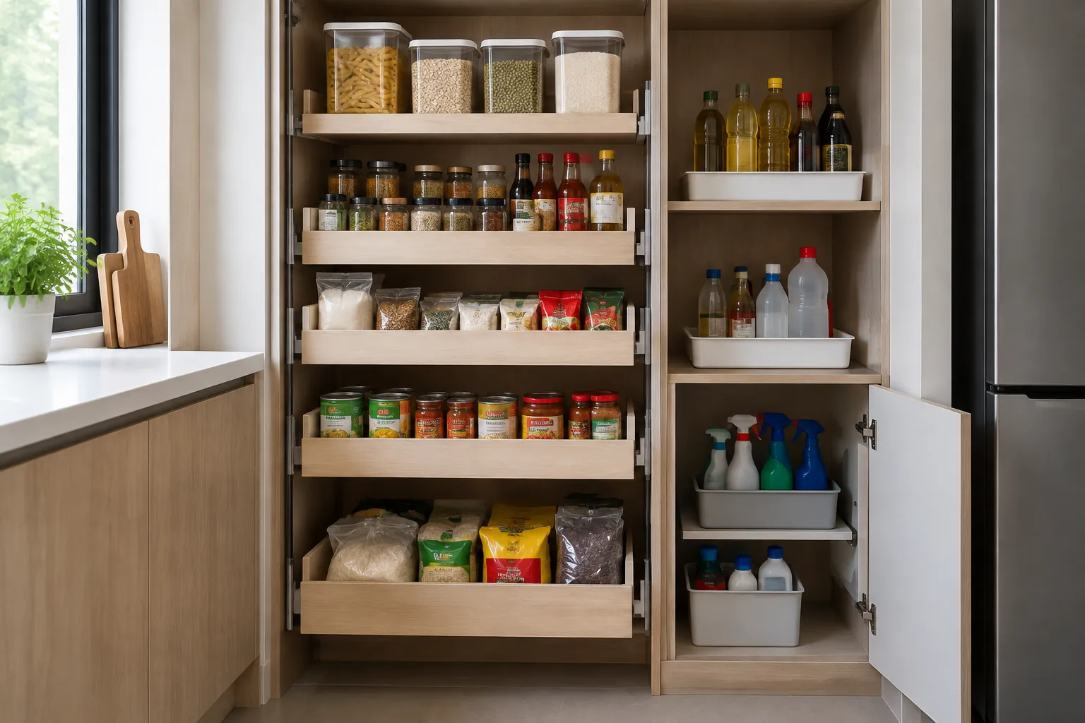 Rak dapur dengan bahan makanan dan cairan pembersih