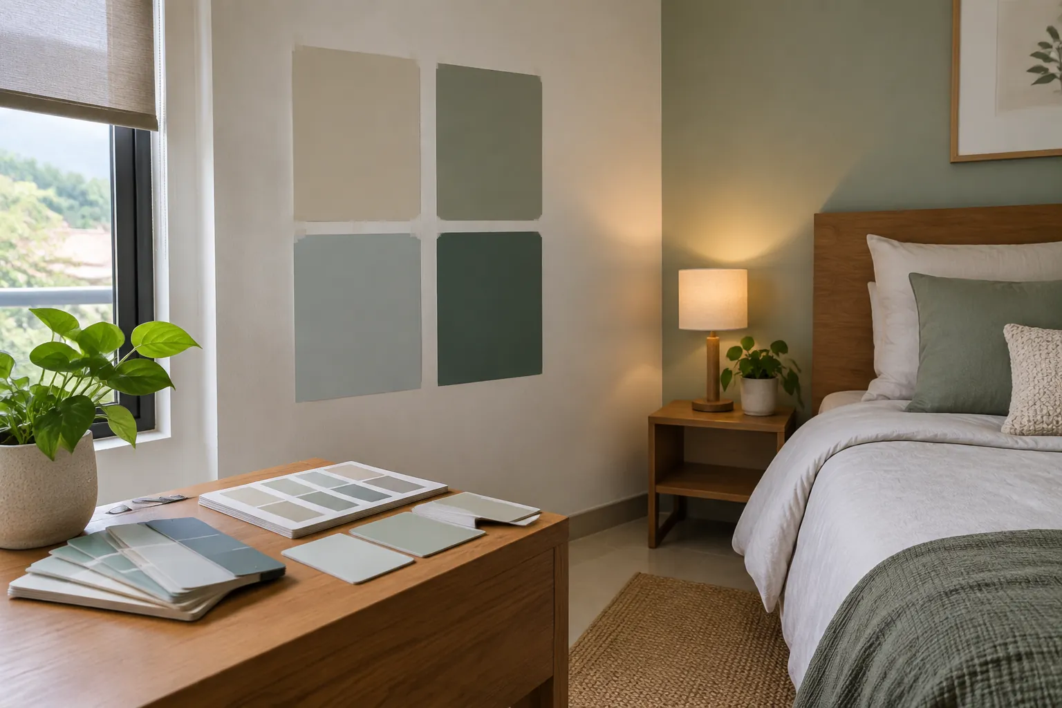 Sampel warna hijau dan netral pada dinding kamar