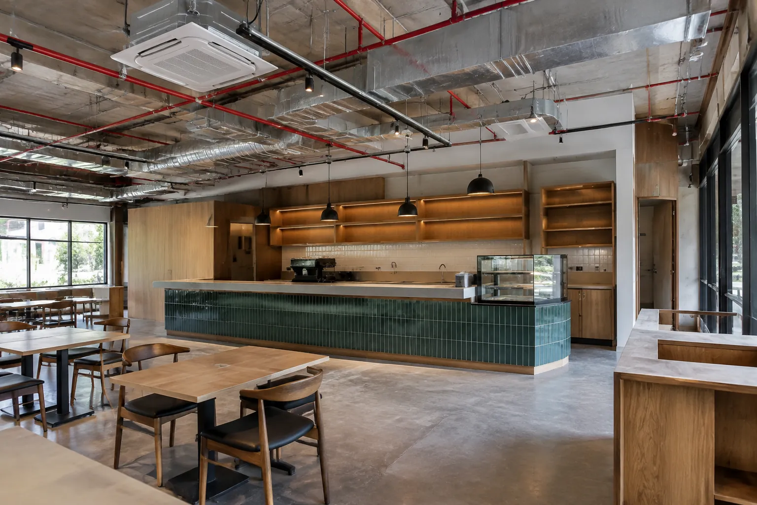 Plafon terbuka dan area restoran.