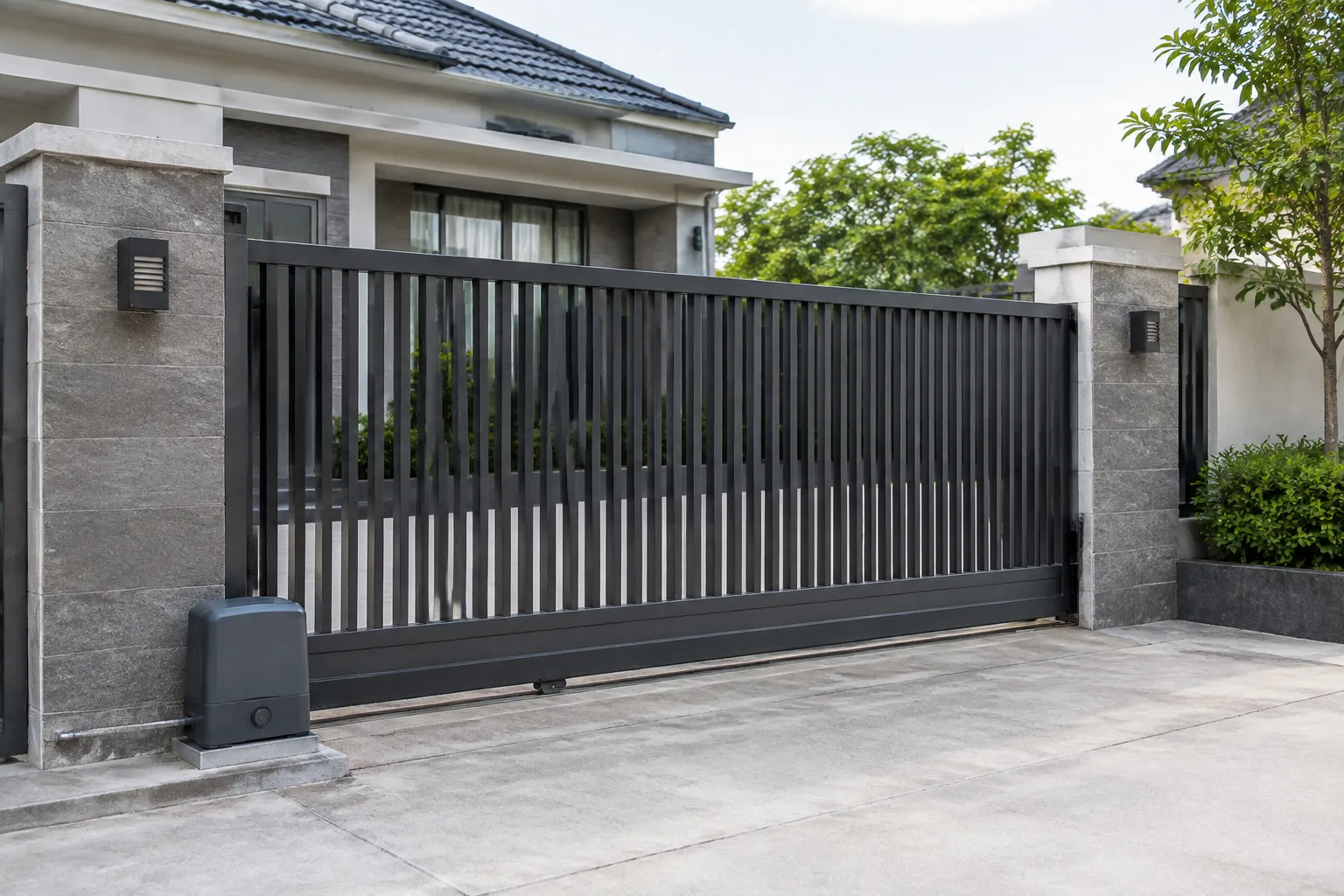 Motor gerbang terlihat di samping gerbang geser rumah