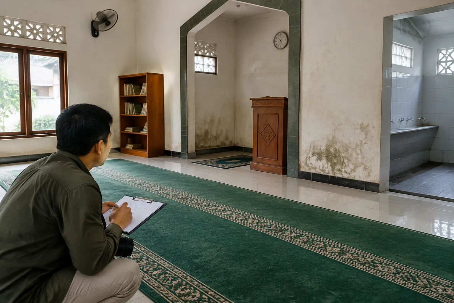 Seseorang mencatat kondisi ruang musala berkarpet