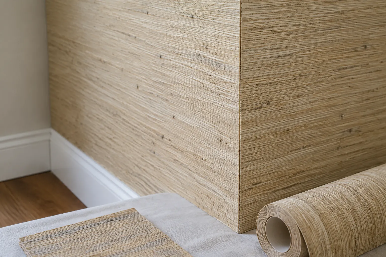 Sampel grasscloth dan gulungan wallpaper di dekat sudut dinding