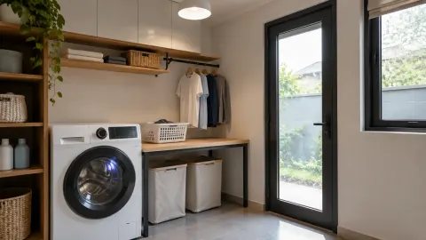 Ruang cuci dengan mesin cuci dan cahaya dari pintu kaca