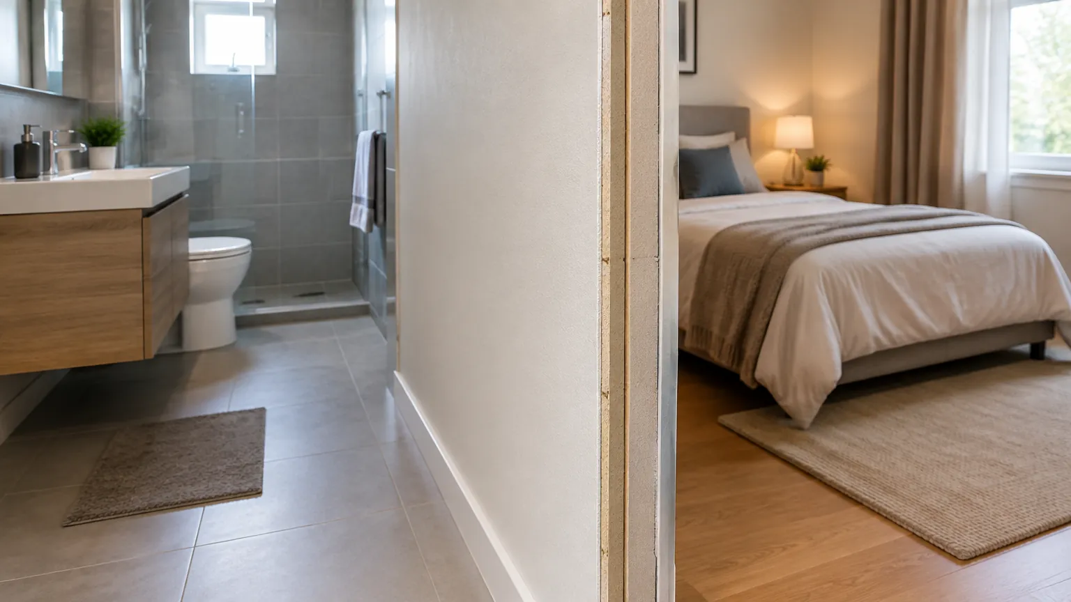 Partisi di antara kamar tidur dan kamar mandi