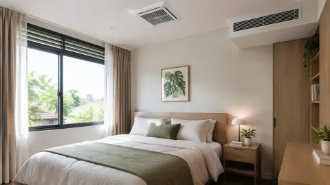 Kamar tidur dengan jendela, tirai dan kisi udara di plafon