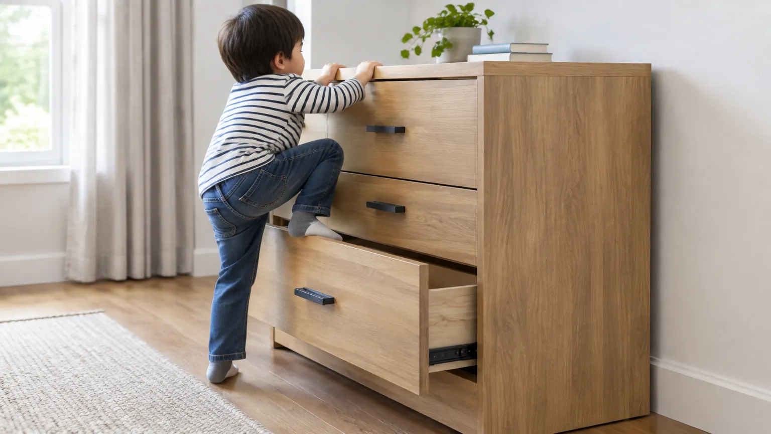 Anak memanjat laci lemari kayu di kamar