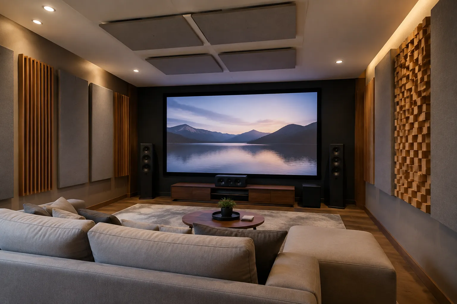 Panel plafon dan dinding mengelilingi layar ruang home theater
