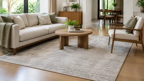 Ruang tamu dengan karpet besar di bawah sofa dan meja