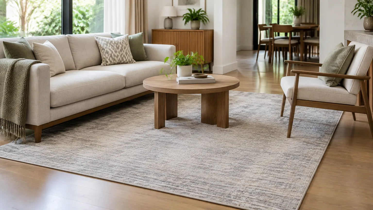 Ruang tamu dengan karpet besar di bawah sofa dan meja