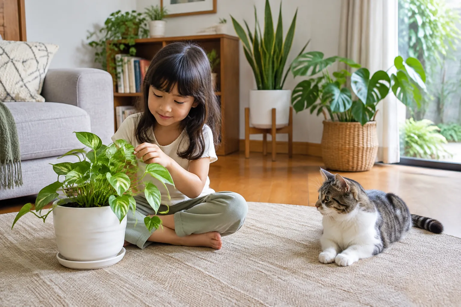 Anak mengamati tanaman pot sementara kucing berada di dekatnya