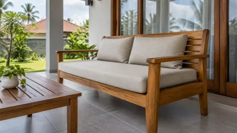 Sofa kayu dengan bantalan pada teras rumah