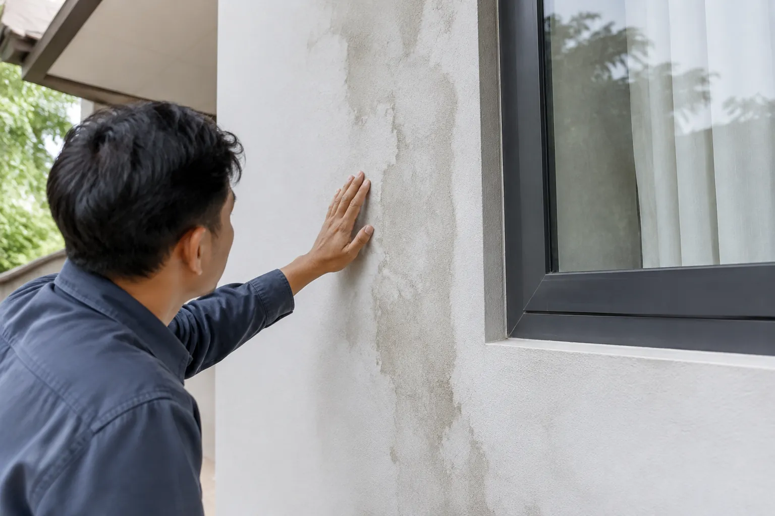Seseorang memeriksa plester lembap di dekat jendela luar