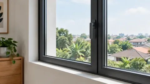 Jendela aluminium terbuka dengan pemandangan pepohonan di luar