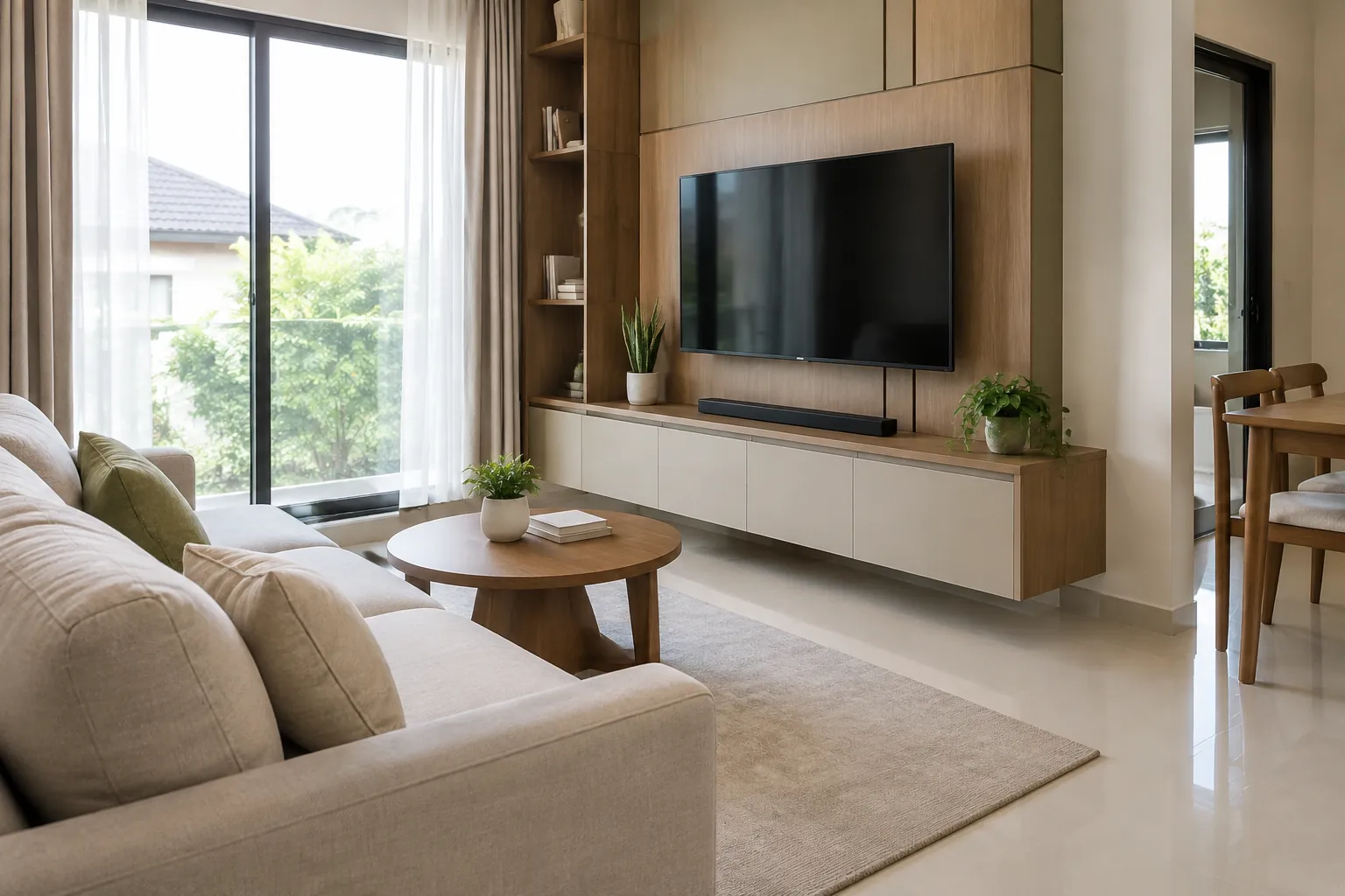 Ruang keluarga dengan sofa dan kabinet televisi