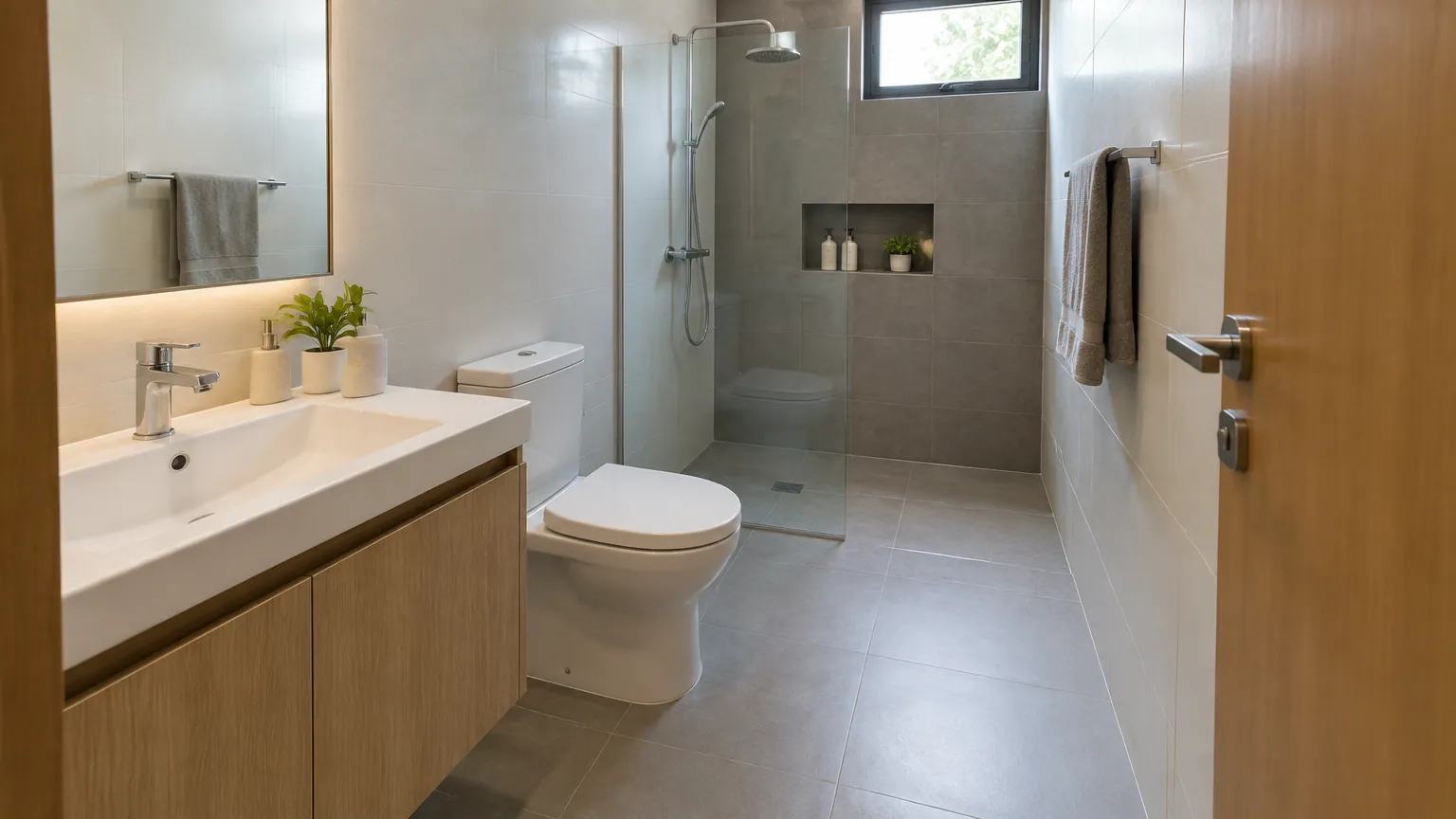 Wastafel, kloset, dan area pancur pada tata letak kamar mandi