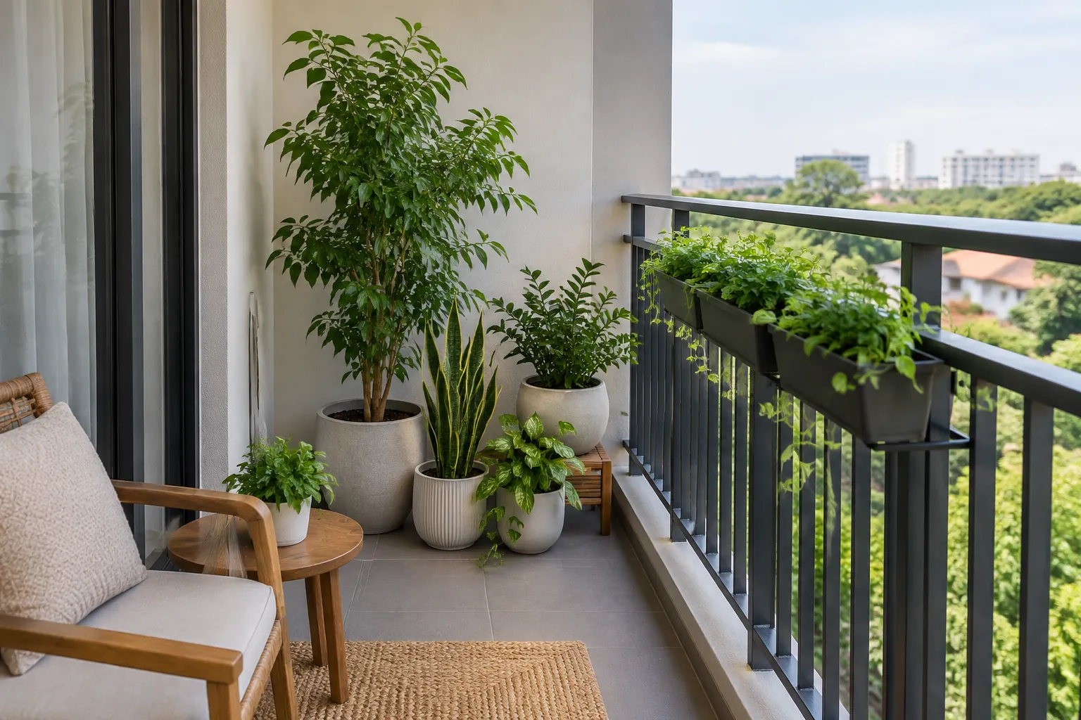 Sejumlah pot berada dekat tepi balkon.