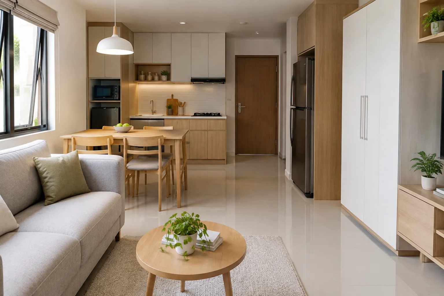 Sofa kecil, meja makan, dan dapur tersusun dalam ruang yang terbatas