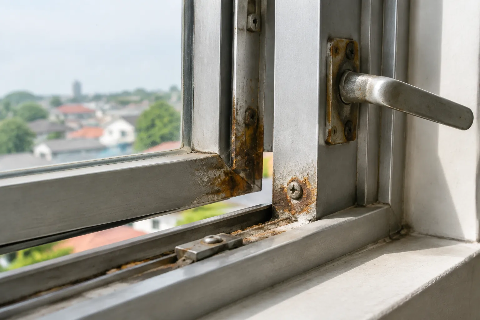 Karat di sekitar gagang dan bingkai bawah jendela logam