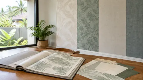 Contoh wallpaper bermotif daun di depan dinding rumah