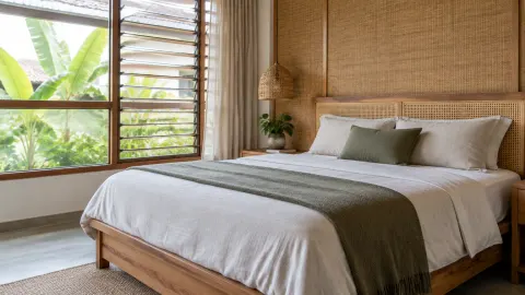 Kamar tidur dengan jendela berjalusi dan ranjang kayu