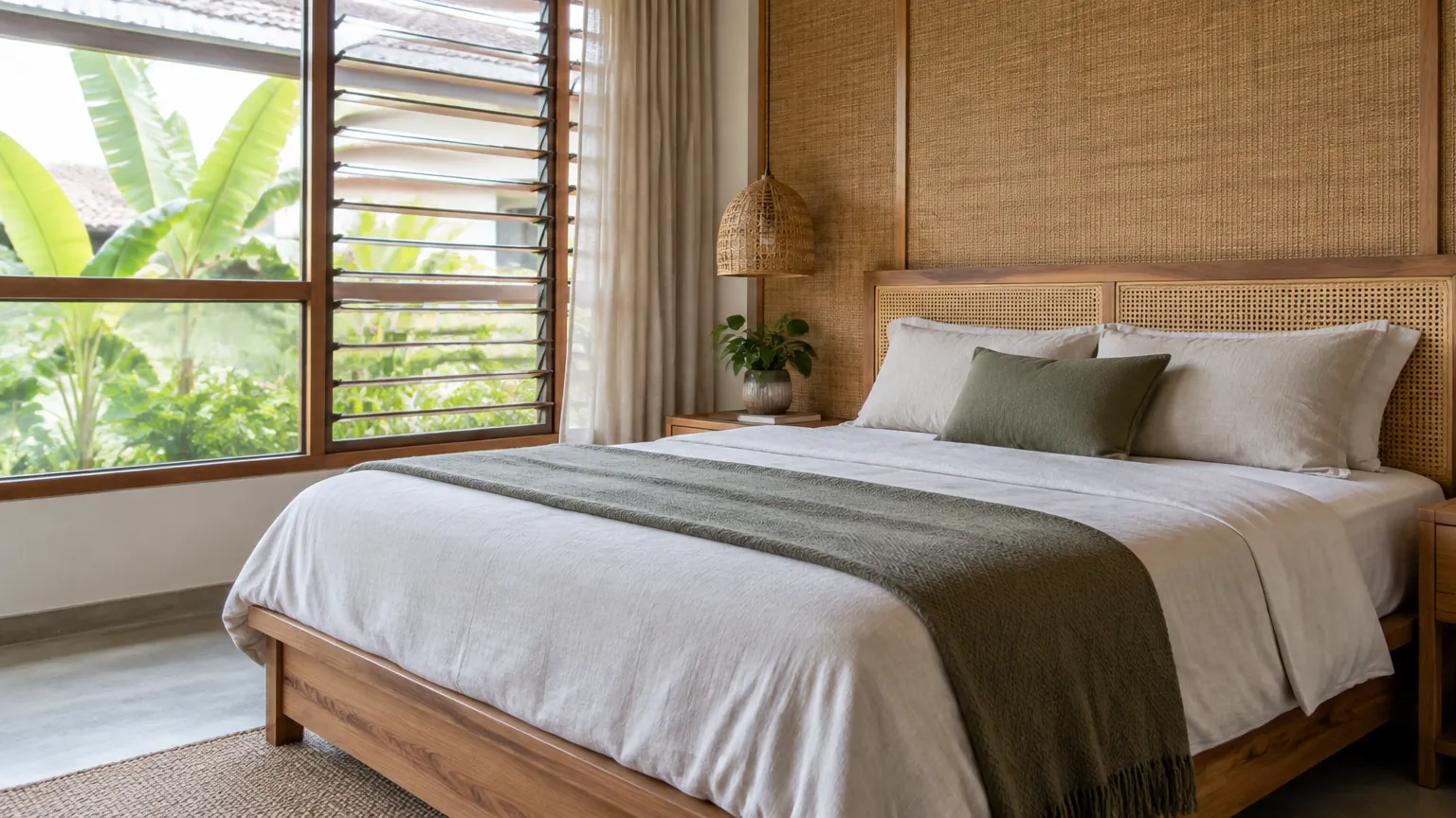 Kamar tidur dengan jendela berjalusi dan ranjang kayu