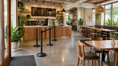 Area pemesanan dan meja makan kafe dengan pembatas antrean