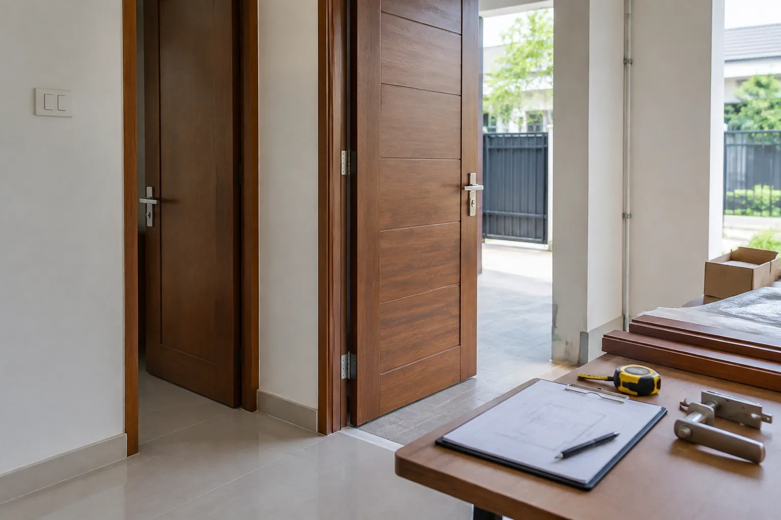 Beberapa pintu kayu terbuka dengan alat ukur di meja dekatnya