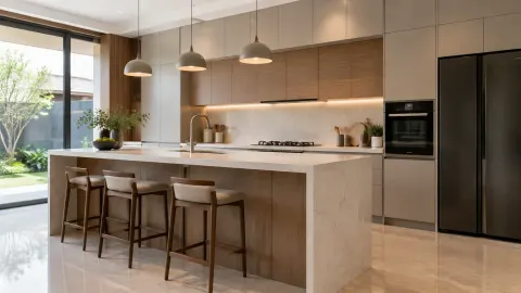 Kitchen set dengan pulau dapur, kabinet tinggi, dan lampu gantung