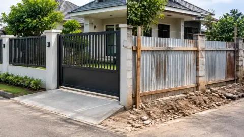 Pagar kayu tua berdampingan dengan gerbang logam baru