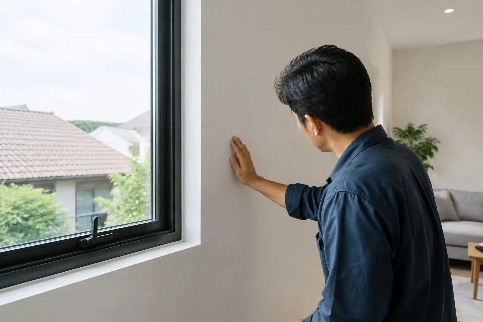 Seseorang memeriksa permukaan dinding dekat jendela