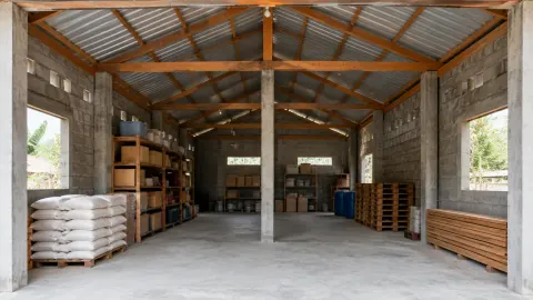 Interior gudang kecil dengan kolom, balok, dan rangka atap terlihat