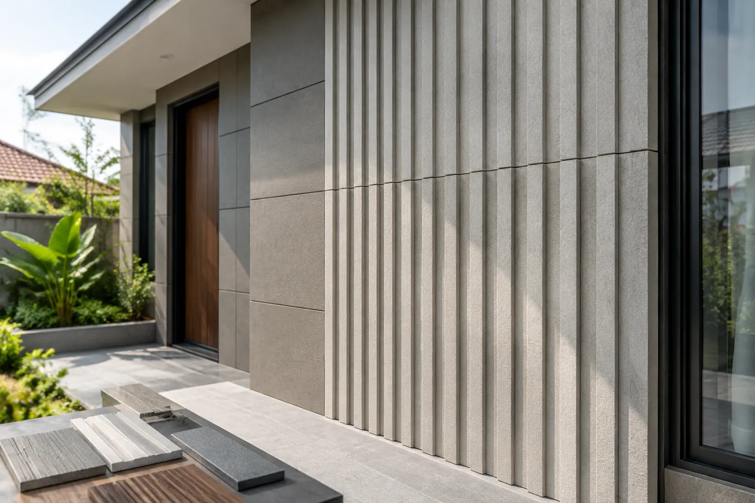 Detail panel vertikal pada dinding luar rumah dengan beberapa sampel bahan