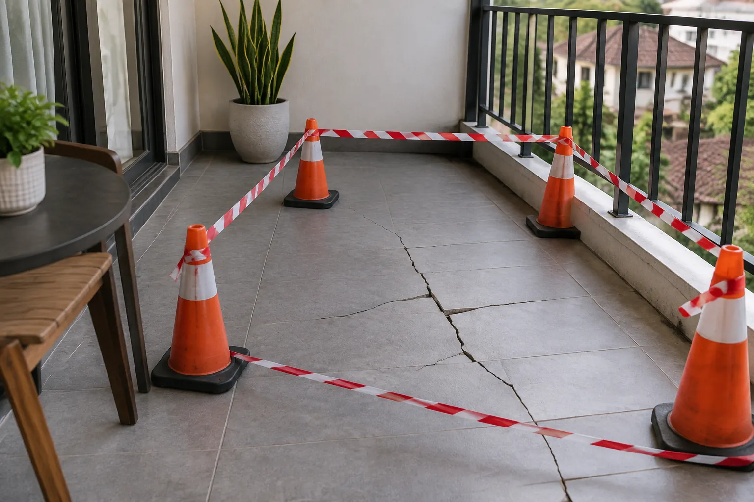 Retak pada lantai balkon diberi pita pembatas dan kerucut peringatan