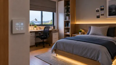 Kamar remaja dengan lampu di bawah tempat tidur dan rak