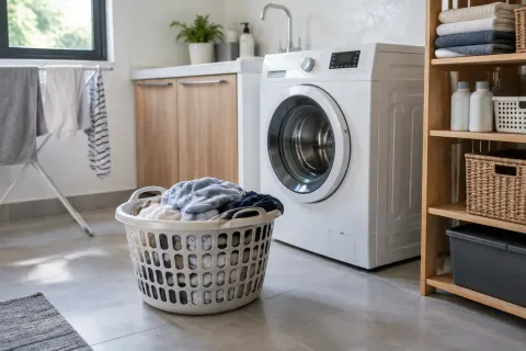 Keranjang pakaian di samping mesin cuci dalam ruang laundry