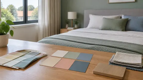 Sampel warna tersusun di dekat ranjang kamar
