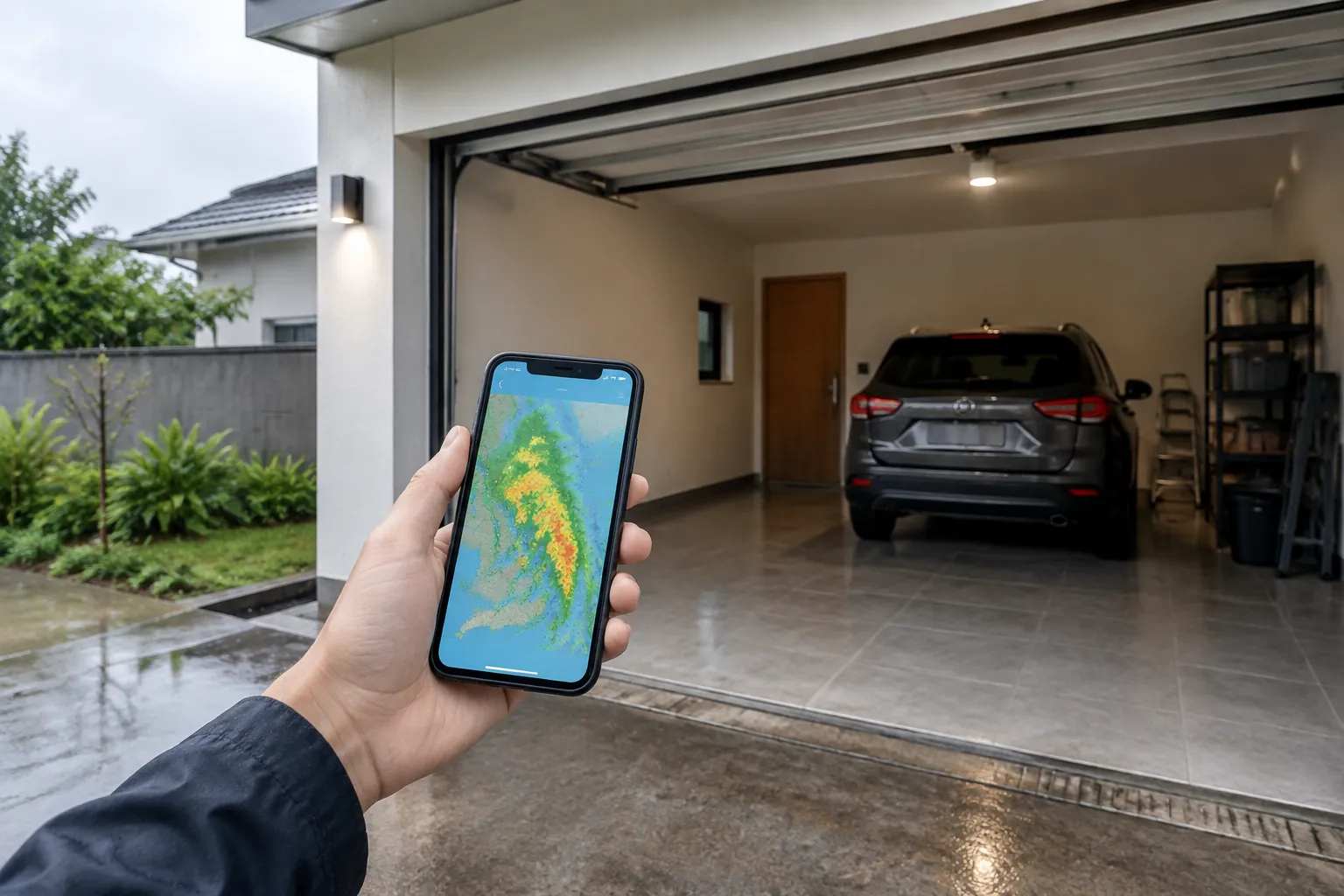 Penghuni memeriksa peta cuaca pada telepon di depan garasi
