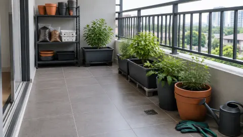 Tanaman pot dan rak pada balkon berlantai keramik