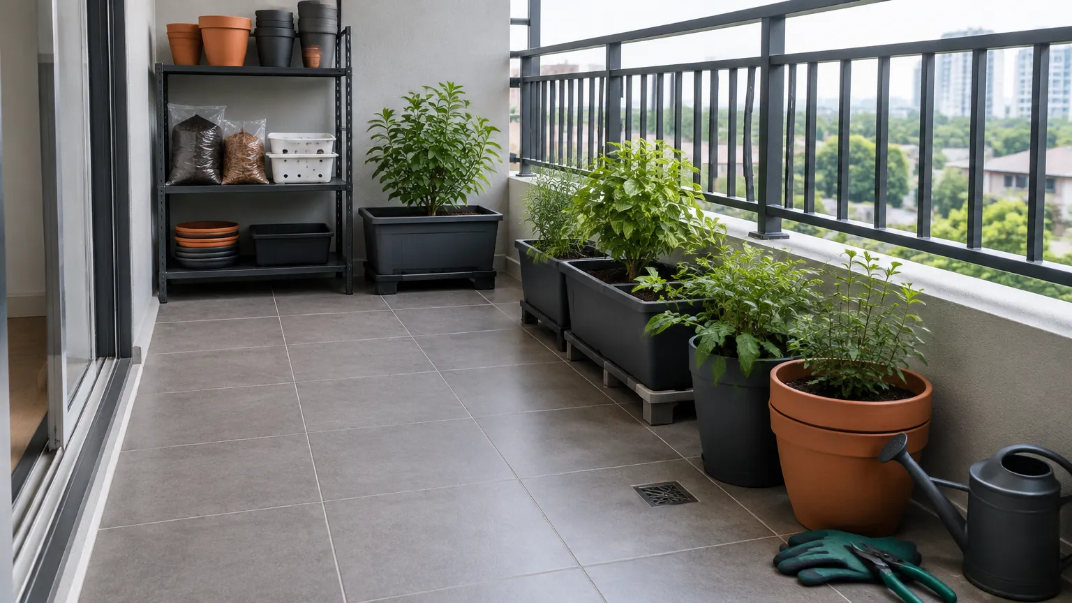 Tanaman pot dan rak pada balkon berlantai keramik